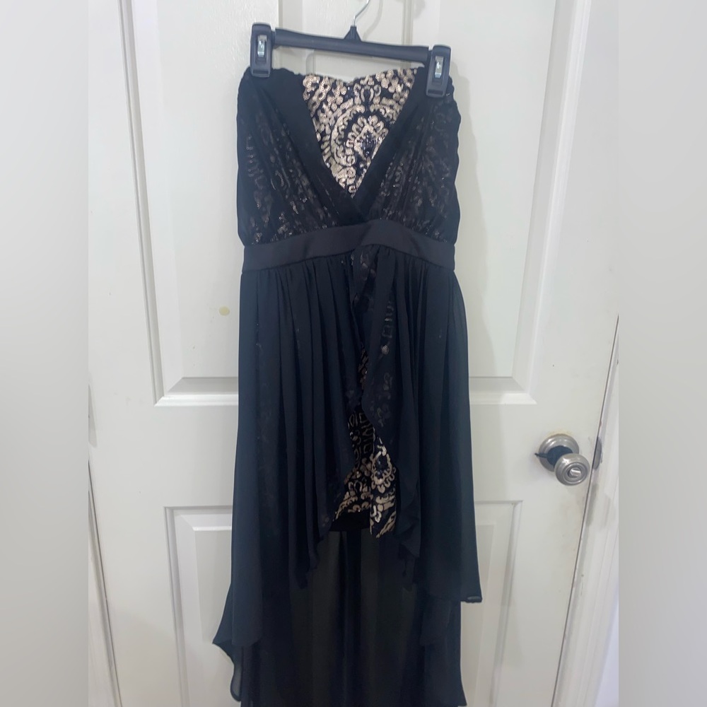 Half up half down black and gold formal dress